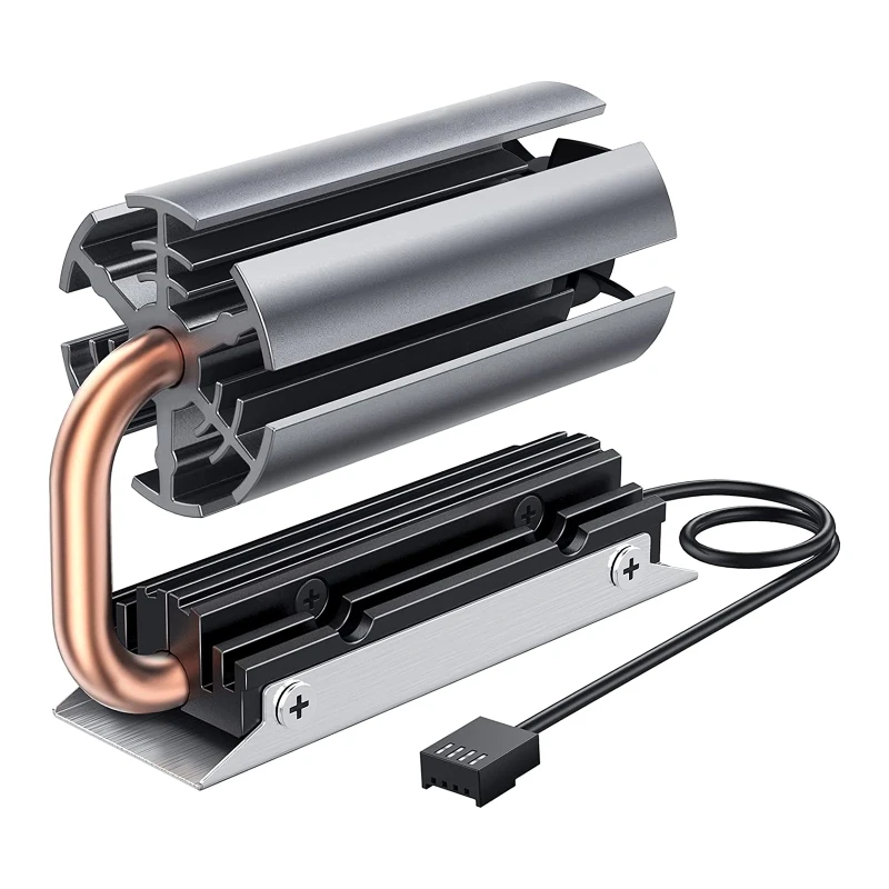 Радиатор из алюминиевого сплава с вентилятором для максимального отвода тепла с силиконовой термопластичной прокладкой, разработанной специально для твердотельного накопителя M.2